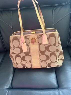 Coach Brown Signature Canvas Tote with Gold Accents